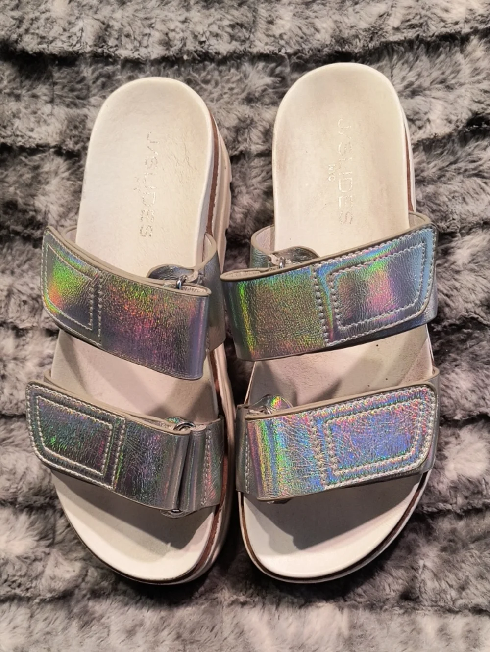J/ Slides Silver Sandals - Adjustable Double Strap Women's